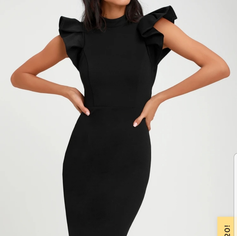 Lulu's Stylish Splendor Black Backless Ruffle Bodycon Midi Dress